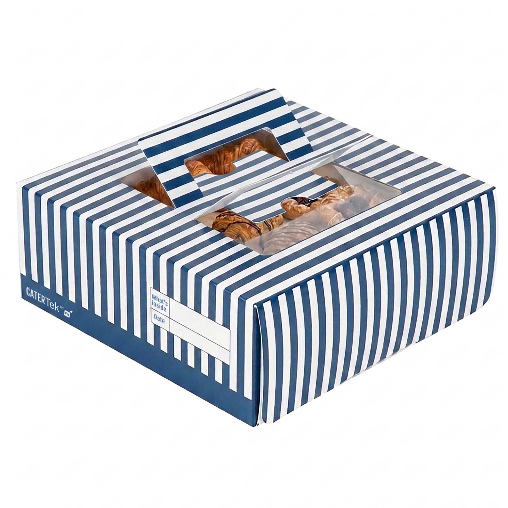 Cater Tek Square Blue and White Stripe Paper Cake / Take Out Container - with Pop-Up Handle, Window - 9" x 9" x 3 1/2" - 50 count box