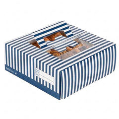Cater Tek Square Blue and White Stripe Paper Cake / Take Out Container - with Pop-Up Handle, Window - 9