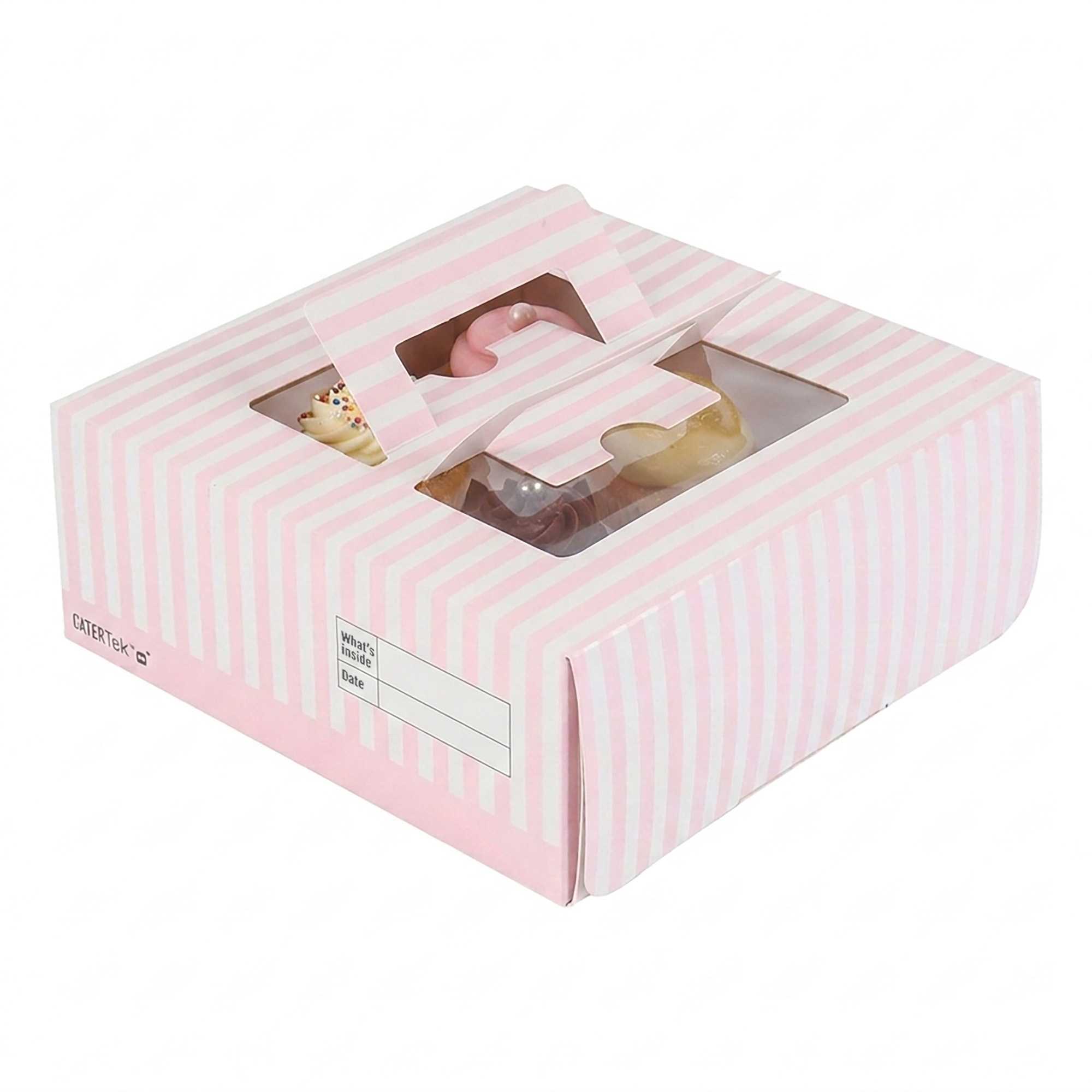 Cater Tek Square Pink and White Stripe Paper Cake / Take Out Container - with Pop-Up Handle, Window - 9" x 9" x 3 1/2" - 50 count box