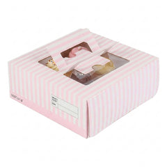 Cater Tek Square Pink and White Stripe Paper Cake / Take Out Container - with Pop-Up Handle, Window - 9