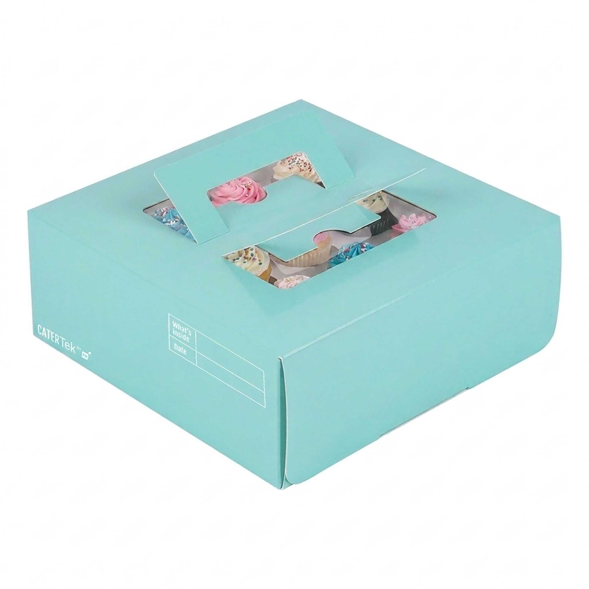 Cater Tek Square Turquoise Paper Cake / Take Out Container - with Pop-Up Handle, Window - 9" x 9" x 3 1/2" - 50 count box