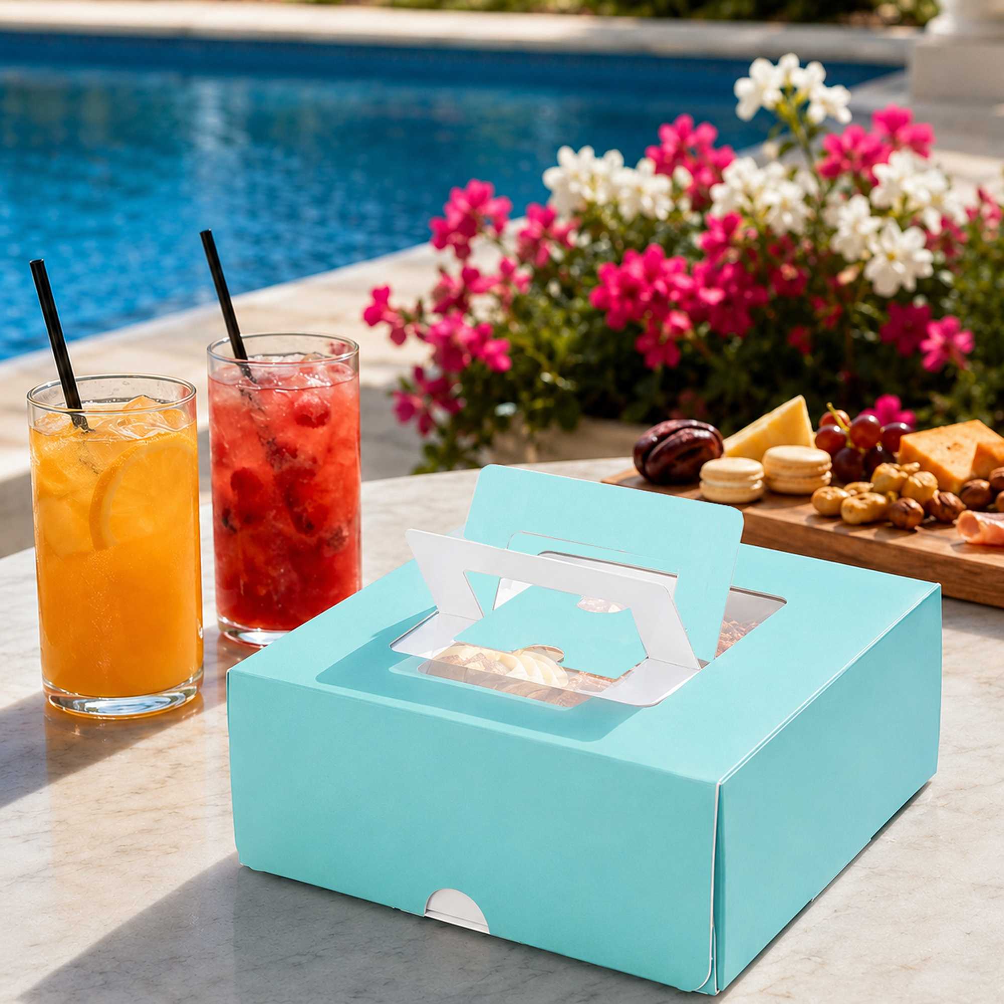 Cater Tek Square Turquoise Paper Cake / Take Out Container - with Pop-Up Handle, Window - 9" x 9" x 3 1/2" - 50 count box