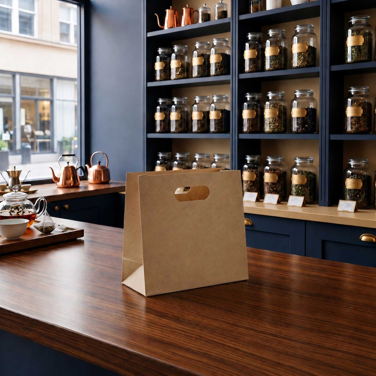 Bag Tek Rectangle Kraft Paper Take Out Bag - with Handles - 11" x 7" x 11" - 100 count box