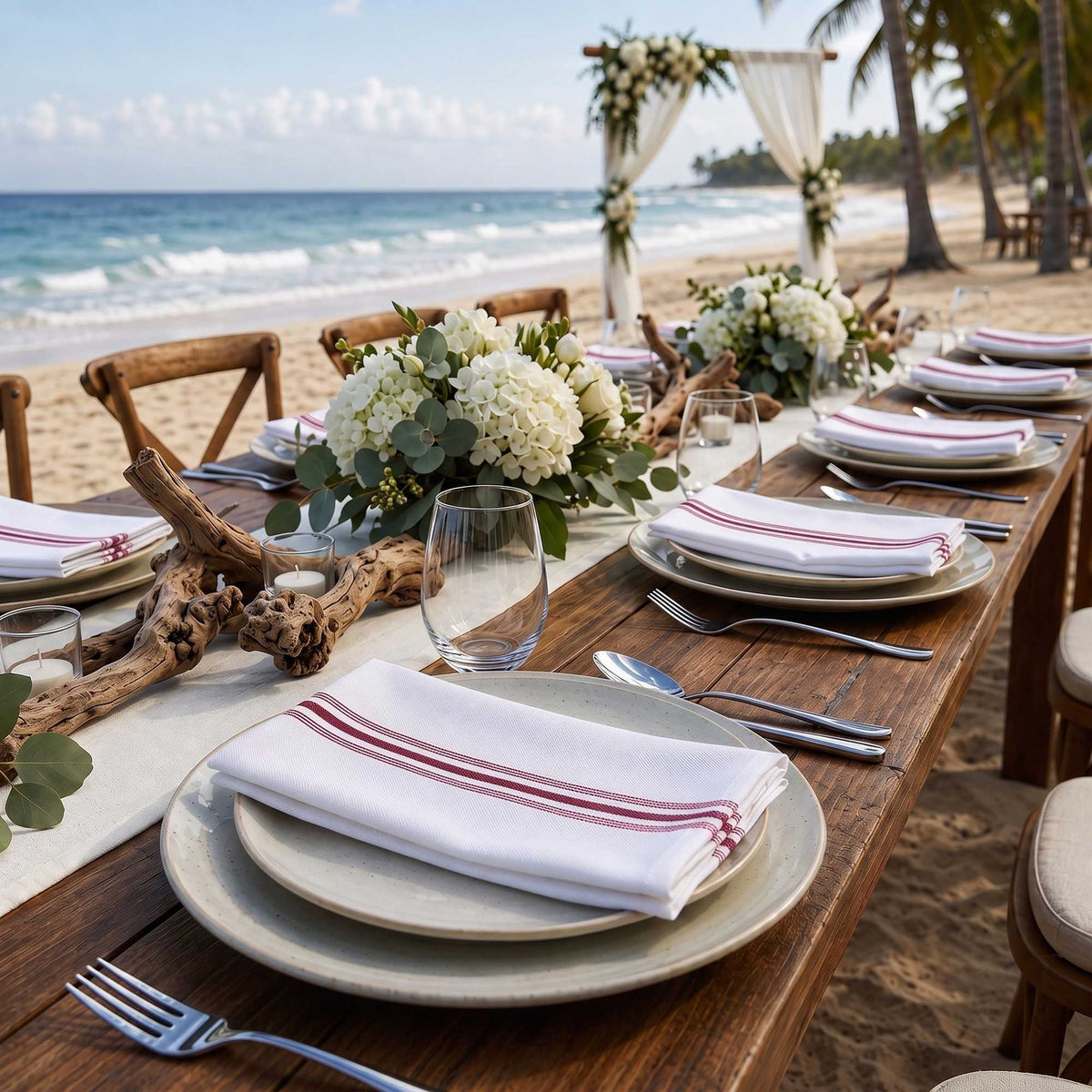 Luxenap White Woven Cloth Bistro Napkin - Red Stripe - 18 1/2" x 22 3/4" - 10 count box