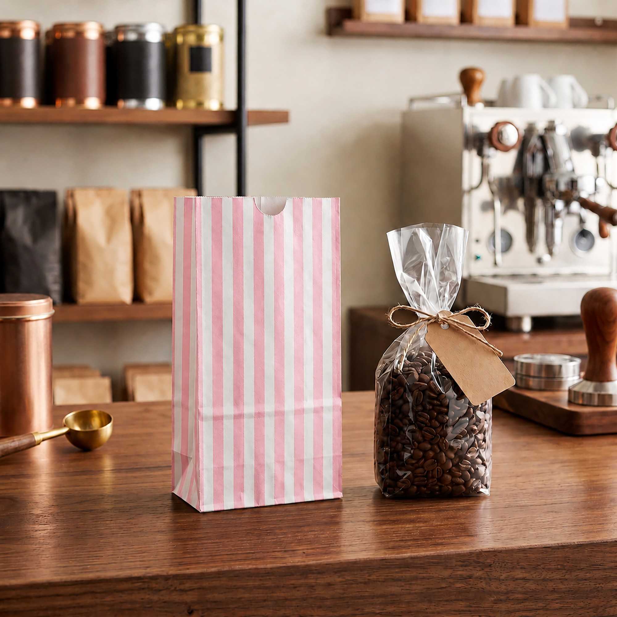Bag Tek Pink and White Stripe Paper Bag - 2 lb - 4 1/4" x 2 1/4" x 8 1/2" - 100 count box