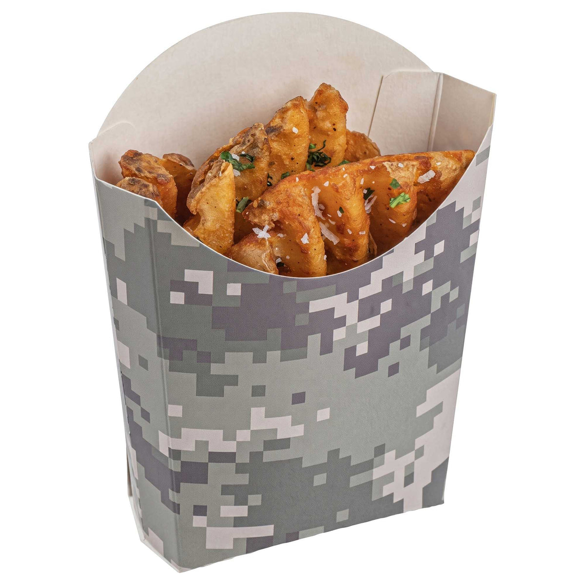 Bio Tek 2 oz Camouflage Paper Fry Cup / Snack Container - 4" x 2 3/4" x 3 1/2" - 100 count box