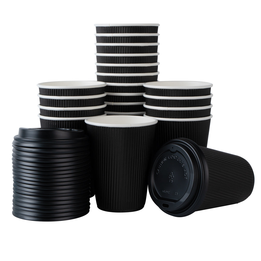 Restpresso 12 oz Black Paper Ripple Wall Coffee Cup - with Black Lid - 3 1/2" x 3 1/2" x 5" - 200 count box