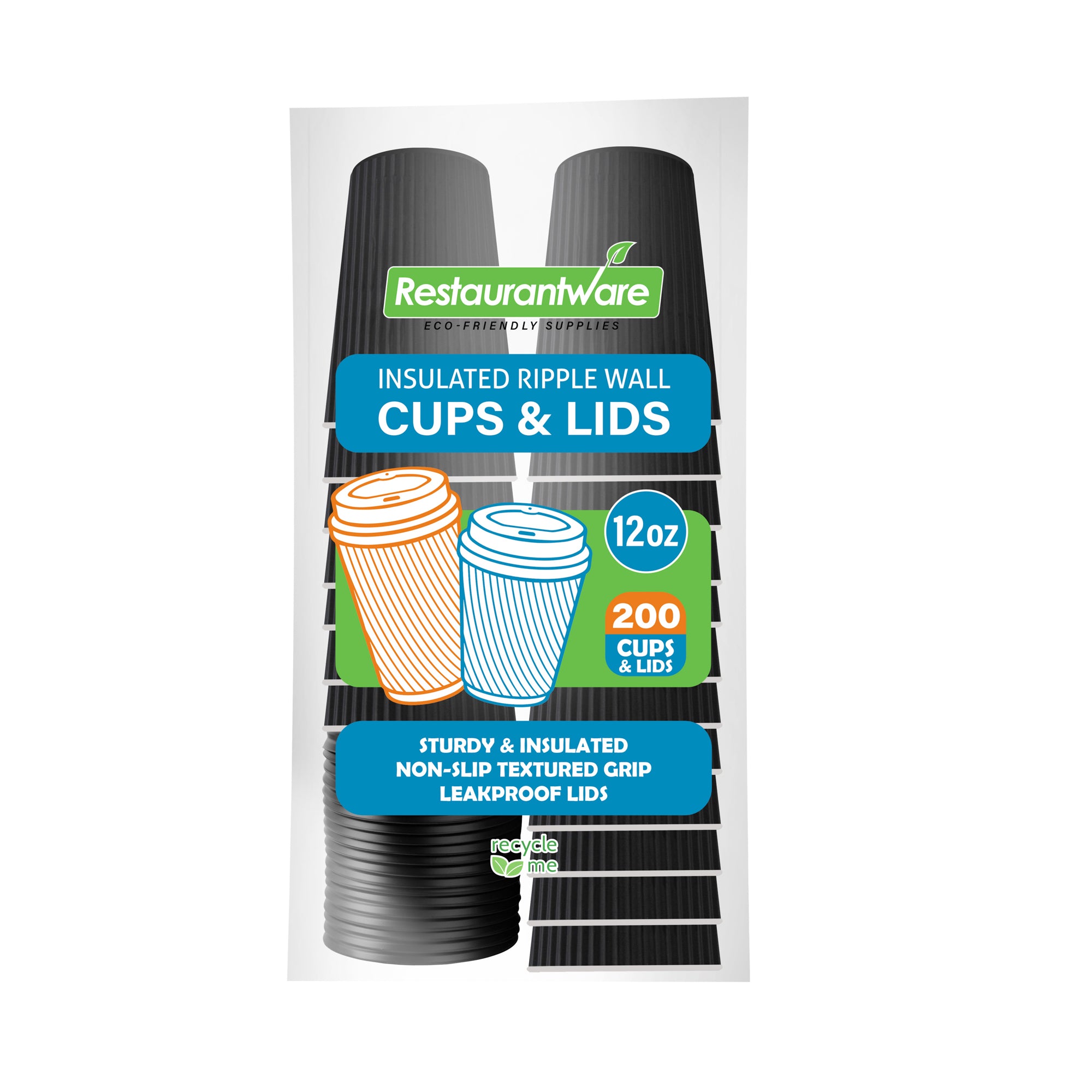 Restpresso 12 oz Black Paper Ripple Wall Coffee Cup - with Black Lid - 3 1/2" x 3 1/2" x 5" - 200 count box