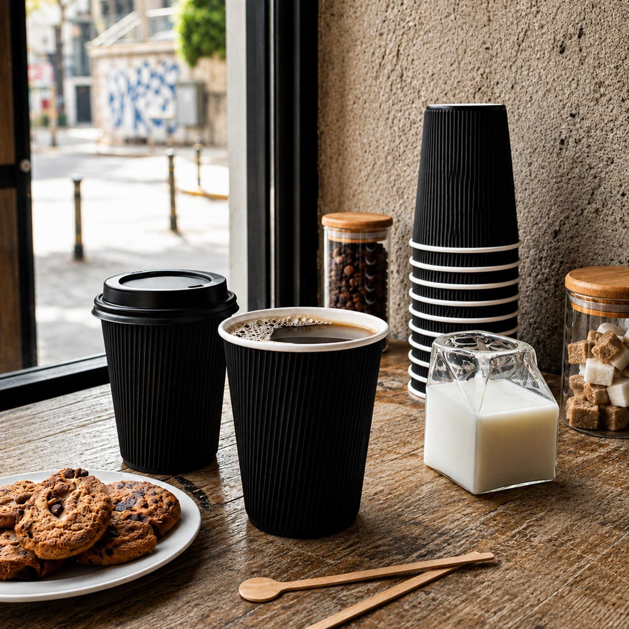 Restpresso 12 oz Black Paper Ripple Wall Coffee Cup - with Black Lid - 3 1/2" x 3 1/2" x 5" - 200 count box