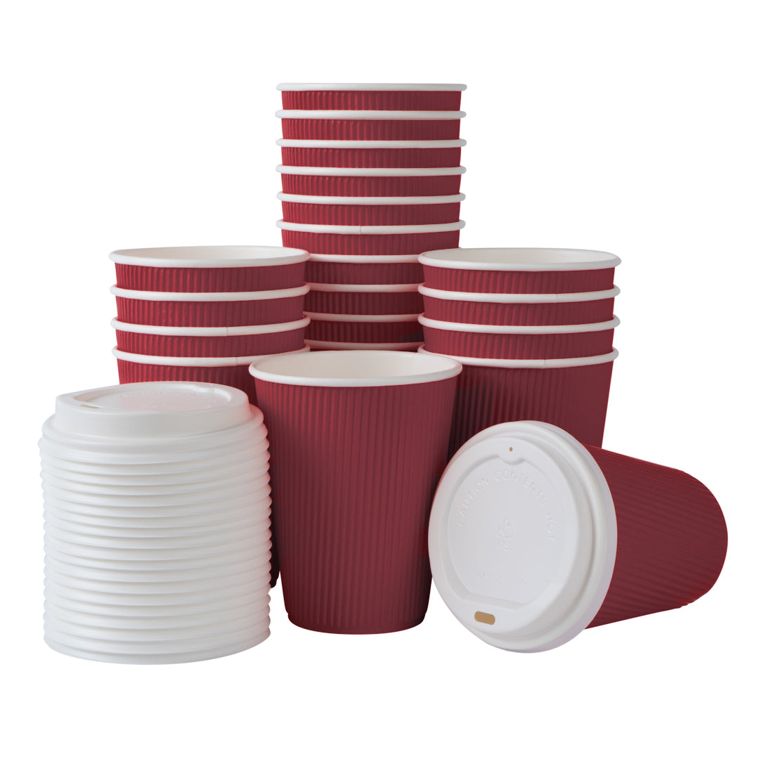 Restpresso 12 oz Crimson Paper Ripple Wall Coffee Cup - with White Lid - 3 1/2" x 3 1/2" x 5" - 200 count box