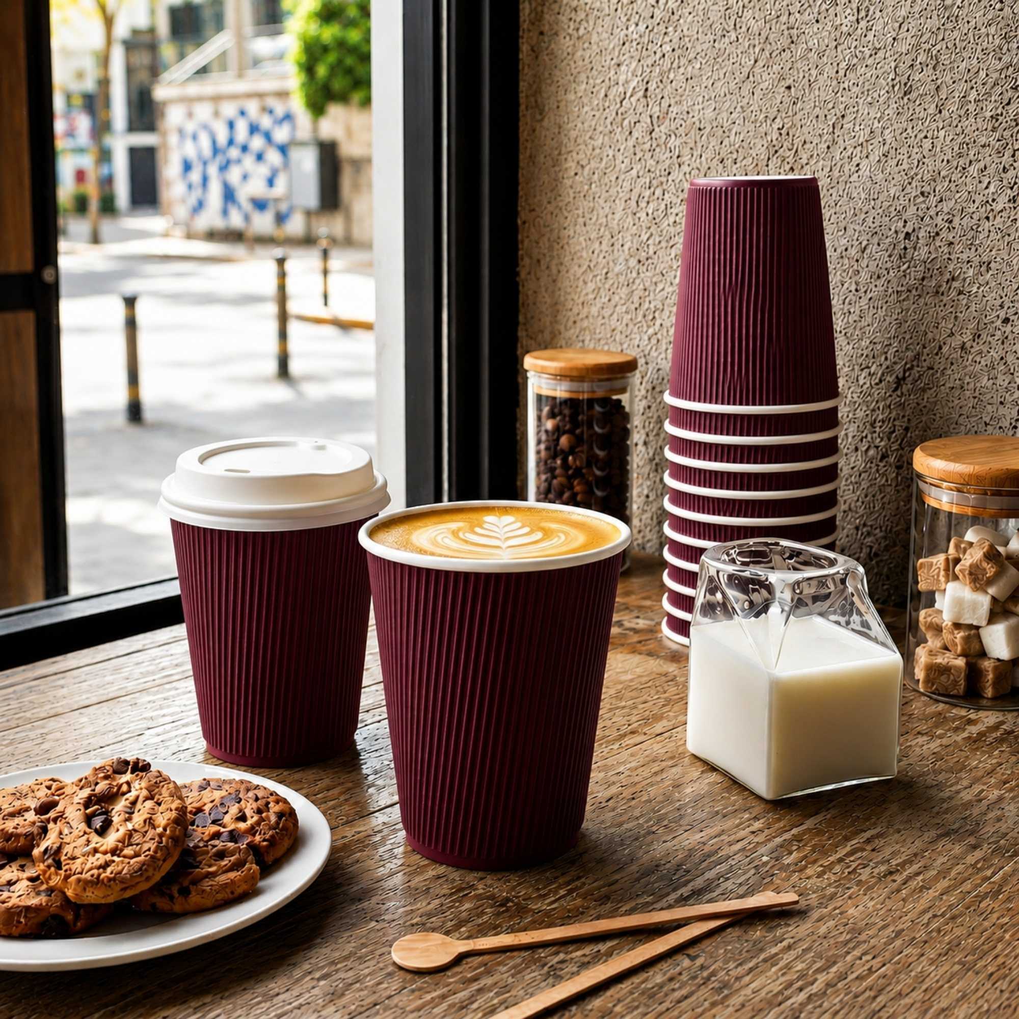 Restpresso 12 oz Crimson Paper Ripple Wall Coffee Cup - with White Lid - 3 1/2" x 3 1/2" x 5" - 200 count box