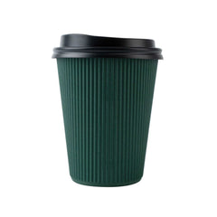 Restpresso 12 oz Dark Green Paper Ripple Wall Coffee Cup - with Black Lid - 3 1/2
