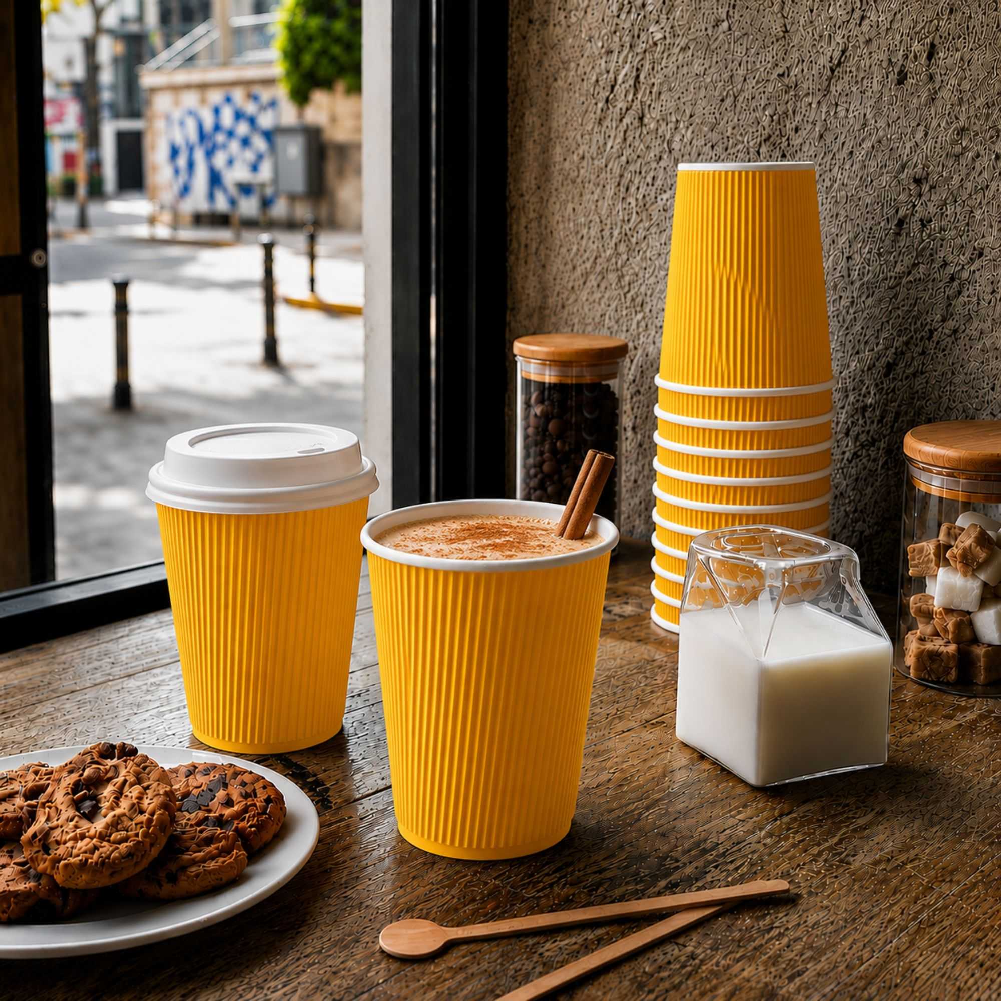 Restpresso 12 oz Yellow Paper Ripple Wall Coffee Cup - with White Lid - 3 1/2" x 3 1/2" x 5" - 200 count box