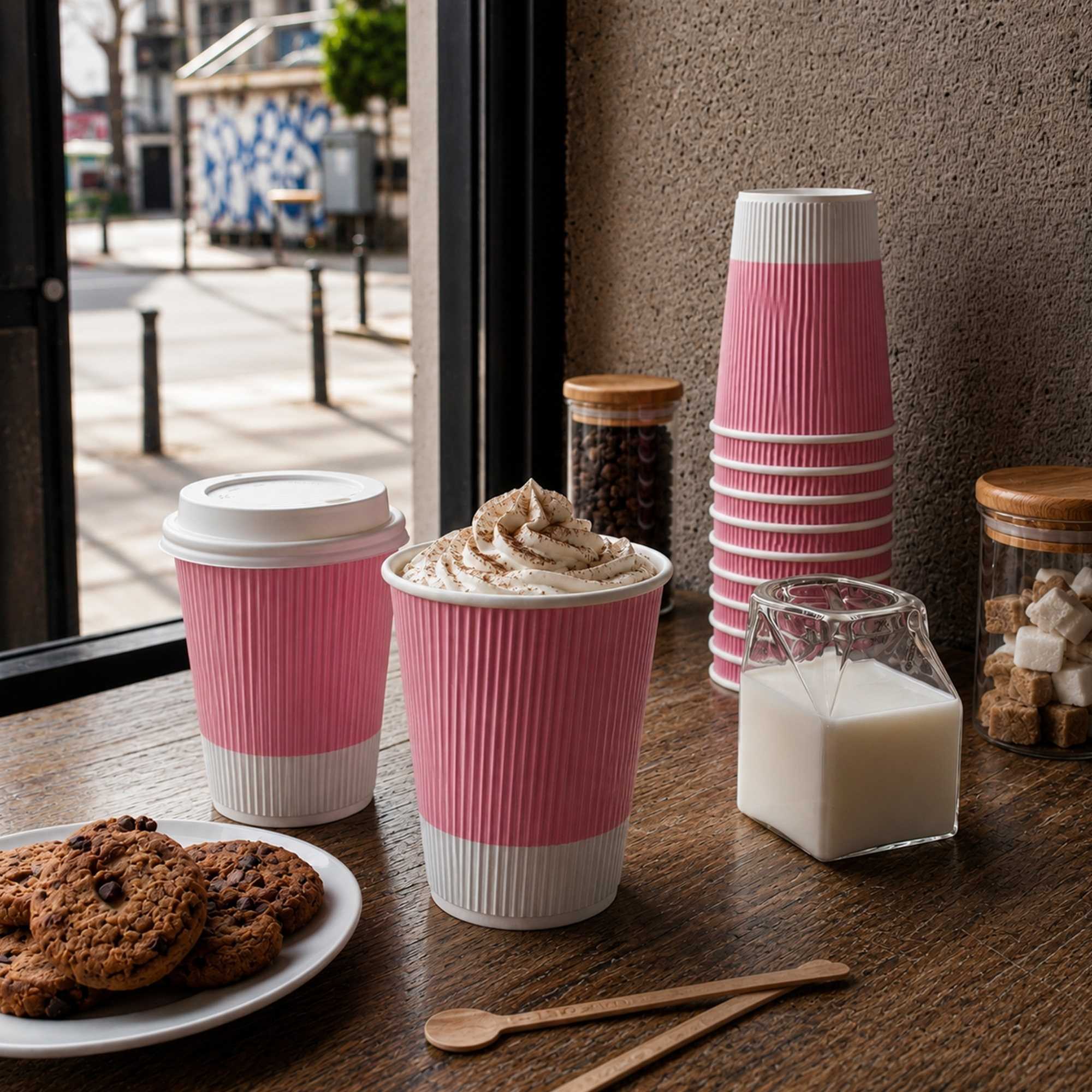 Restpresso 12 oz Light Pink Paper Ripple Wall Coffee Cup - with White Lid - 3 1/2" x 3 1/2" x 5" - 200 count box