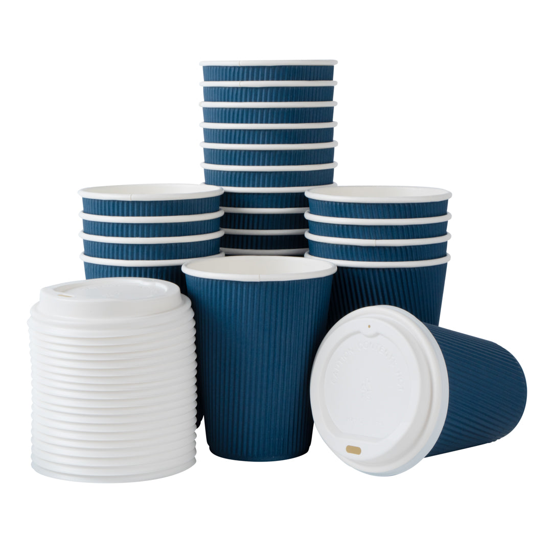 Restpresso 12 oz Midnight Blue Paper Ripple Wall Coffee Cup - with White Lid - 3 1/2" x 3 1/2" x 5" - 200 count box