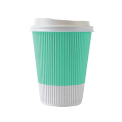 Restpresso 12 oz Light Green Paper Ripple Wall Coffee Cup - with White Lid - 3 1/2