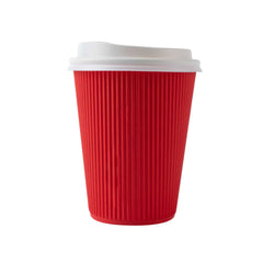 Restpresso 12 oz Red Paper Ripple Wall Coffee Cup - with White Lid - 3 1/2