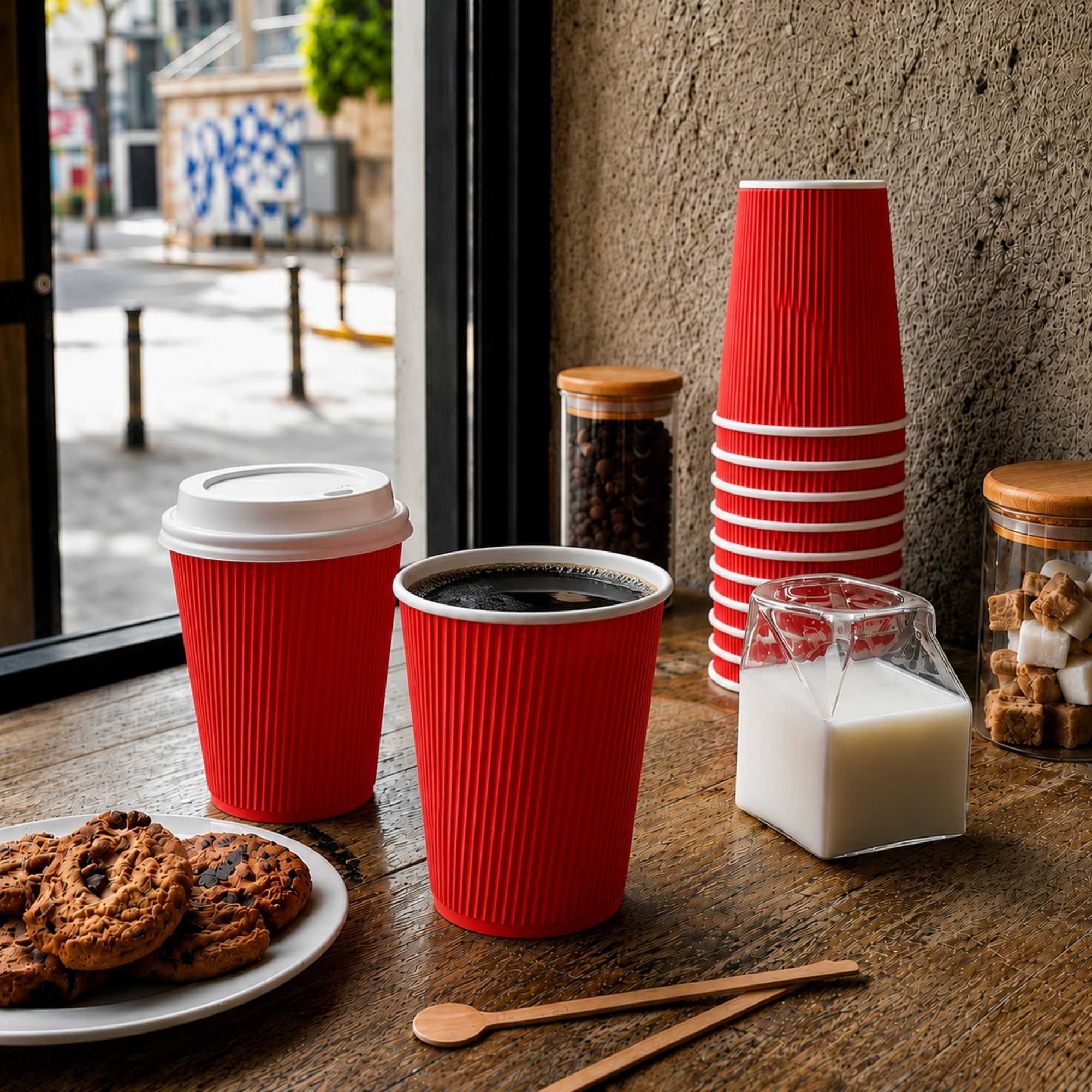 Restpresso 12 oz Red Paper Ripple Wall Coffee Cup - with White Lid - 3 1/2" x 3 1/2" x 5" - 200 count box