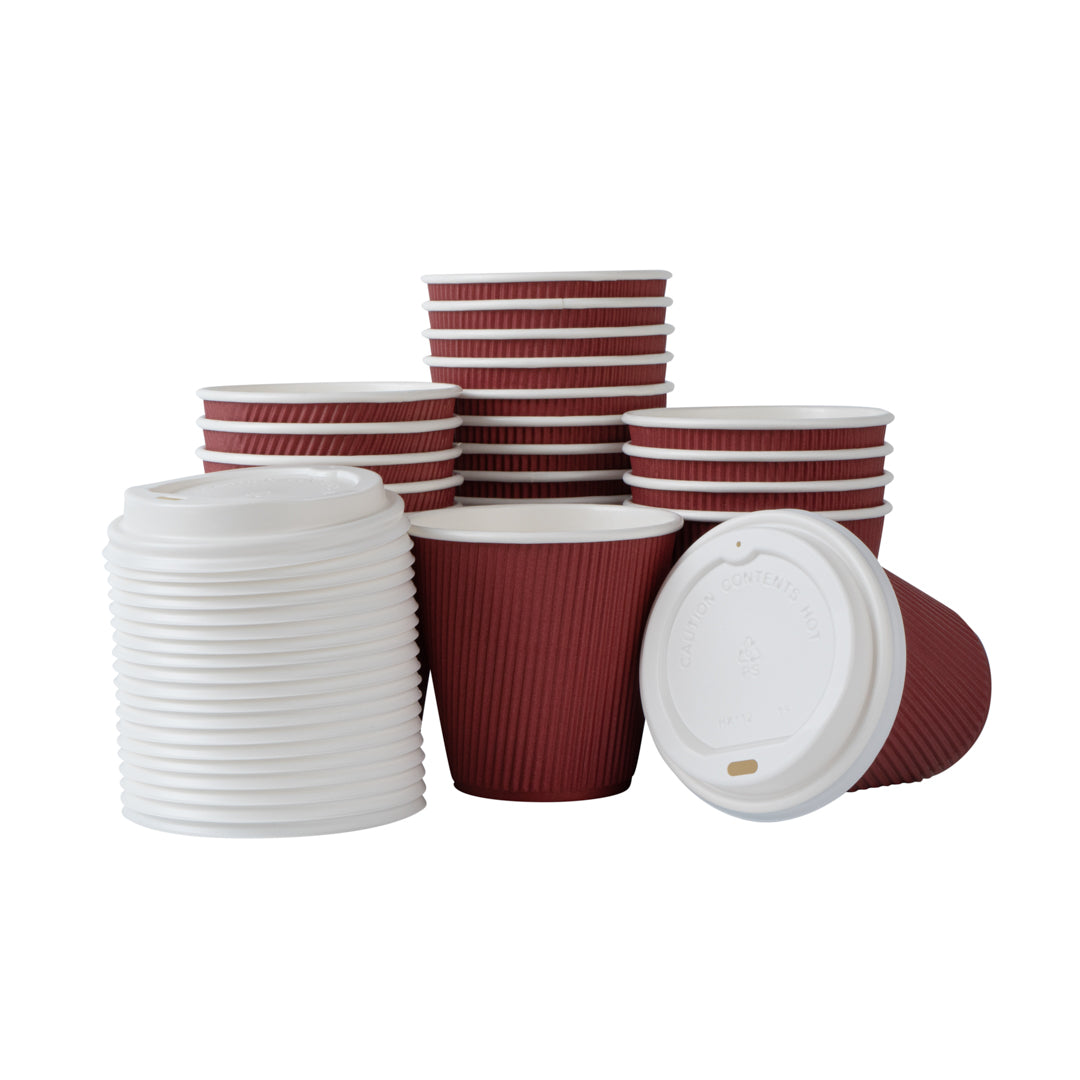 Restpresso 8 oz Crimson Paper Ripple Wall Coffee Cup - with White Lid - 3 1/2" x 3 1/2" x 4" - 400 count box