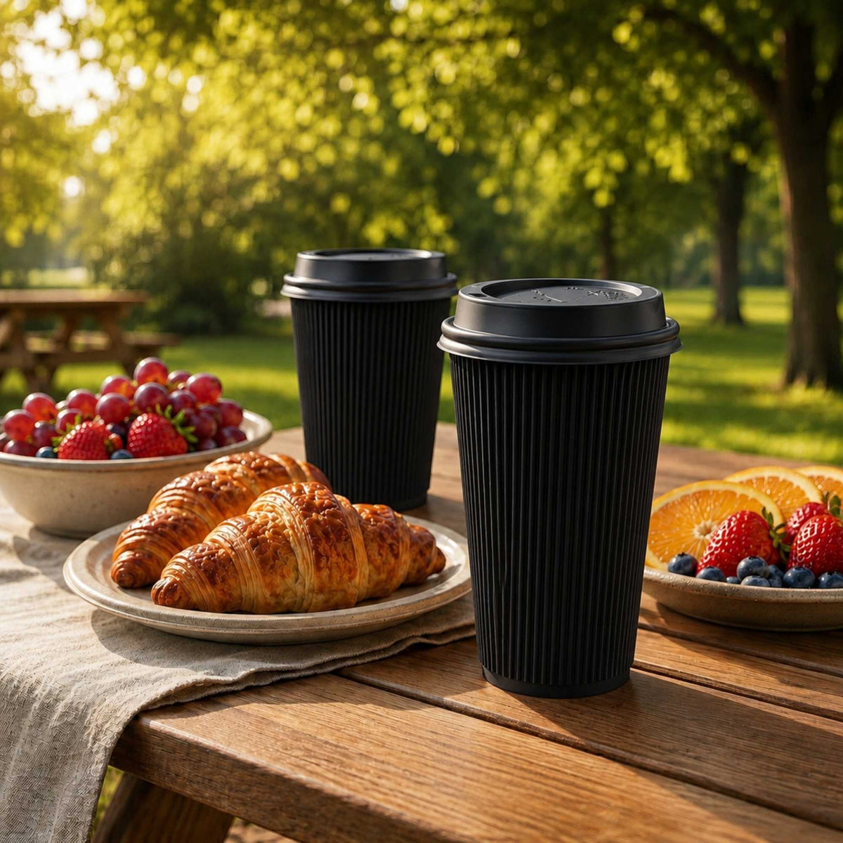 Restpresso 16 oz Black Paper Ripple Wall Coffee Cup - with Black Lid - 3 1/2" x 3 1/2" x 6 1/4" - 200 count box