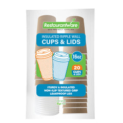 Restpresso 16 oz Kraft Paper Ripple Wall Coffee Cup - with White Lid - 3 1/2