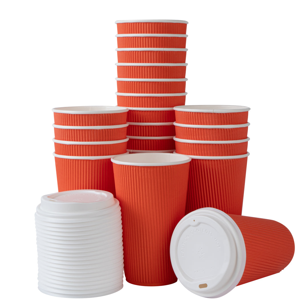 Restpresso 16 oz Tangerine Orange Paper Ripple Wall Coffee Cup - with White Lid - 3 1/2" x 3 1/2" x 6 1/4" - 200 count box