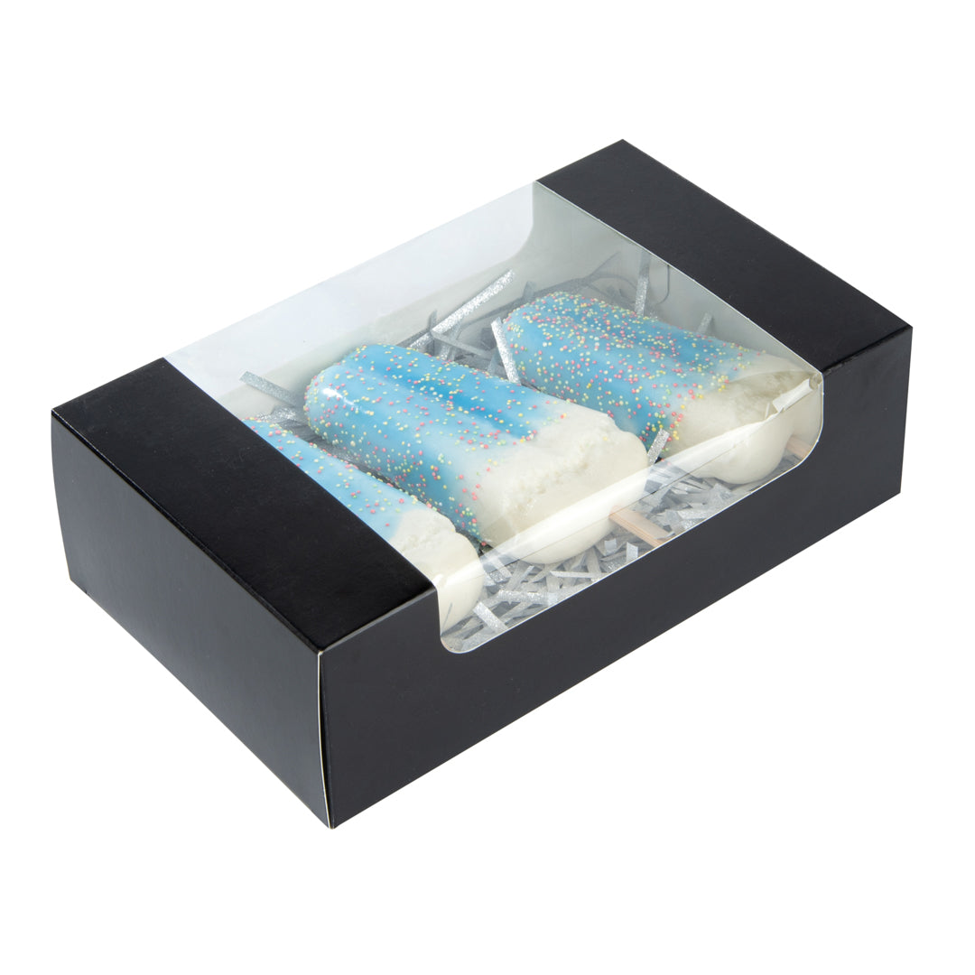 Pastry Tek Black Paper Pastry / Cake Box - with Window - 7 3/4" x 4 3/4" x 2 1/4" - 100 count box