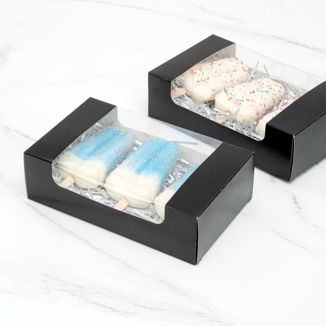 Pastry Tek Black Paper Pastry / Cake Box - with Window - 7 3/4" x 4 3/4" x 2 1/4" - 100 count box