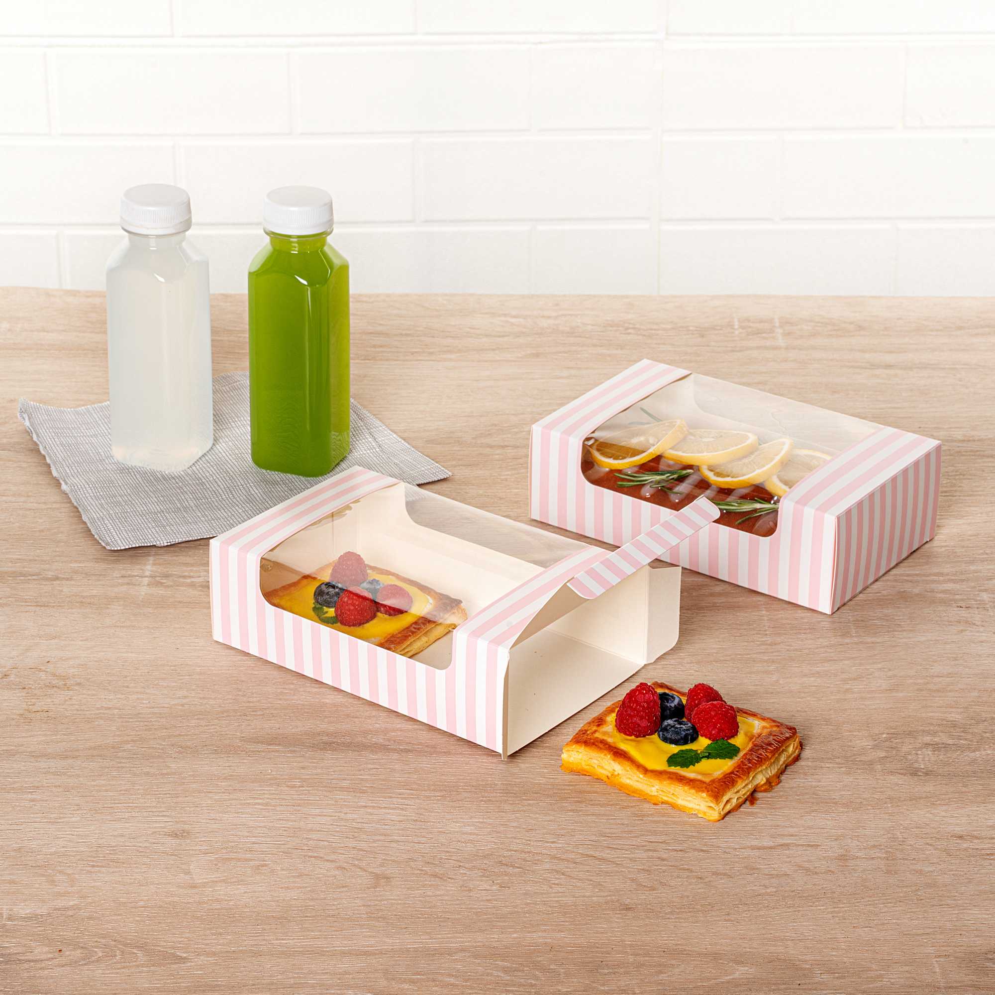 Pastry Tek Pink and White Stripe Paper Pastry / Cake Box - with Window - 7 3/4" x 4 3/4" x 2 1/4" - 100 count box