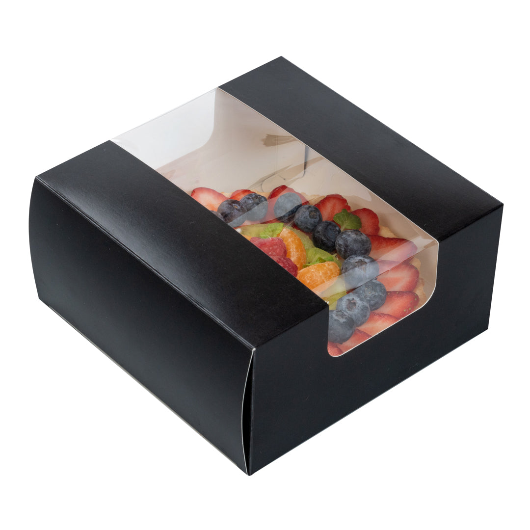 Pastry Tek Black Paper Pastry / Cake Box - with Window - 6 1/4" x 6 1/4" x 3 1/4" - 100 count box