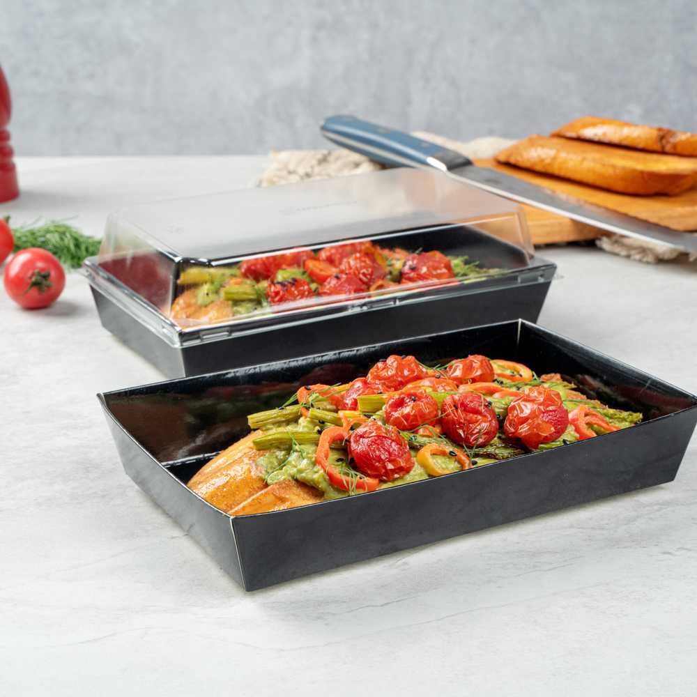 Matsuri Vision Rectangle Black Paper Medium Sushi Tray - 8" x 5" x 1 1/2" - 100 count box