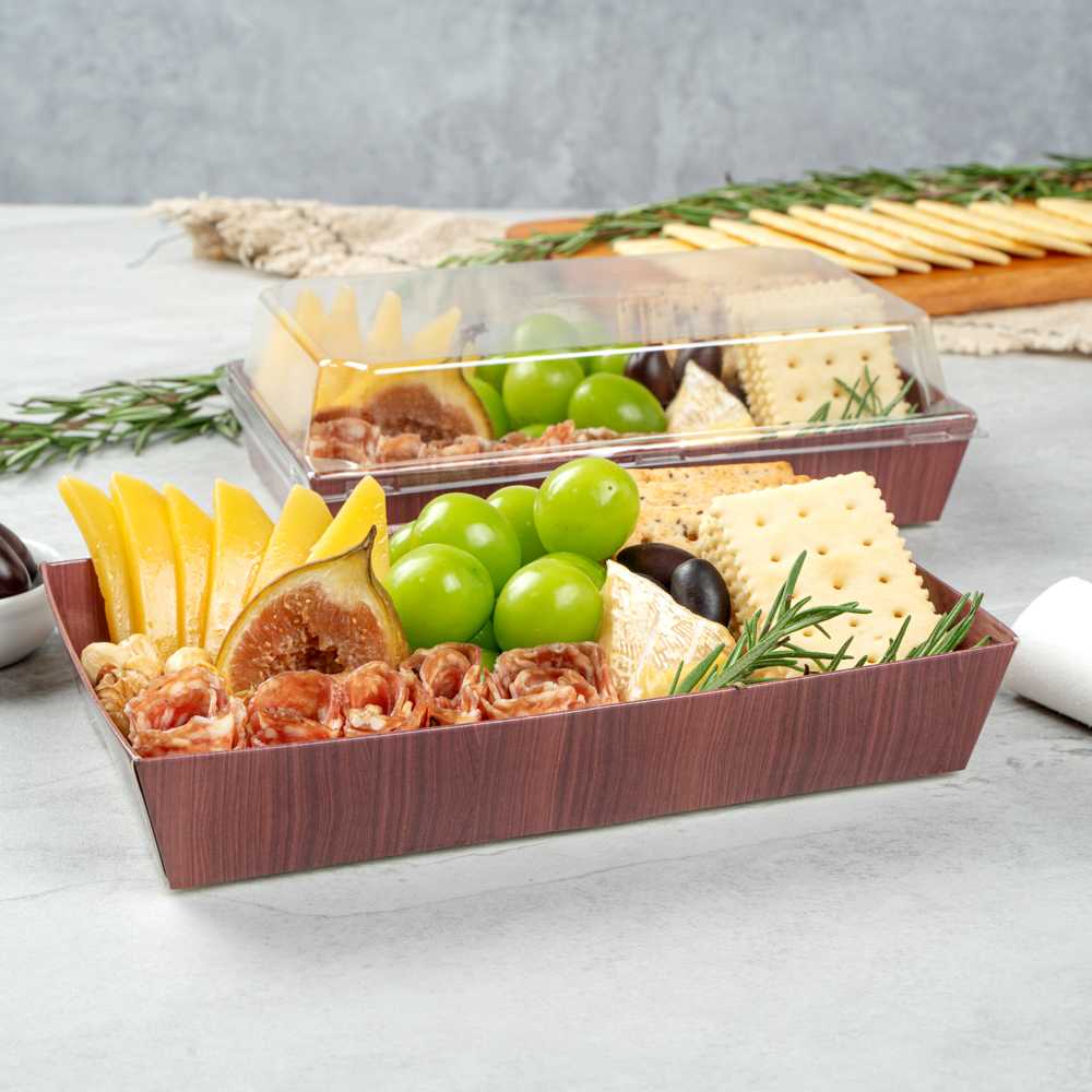 Matsuri Vision Rectangle Wood Grain Paper Medium Sushi Tray - 8" x 5" x 1 1/2" - 100 count box