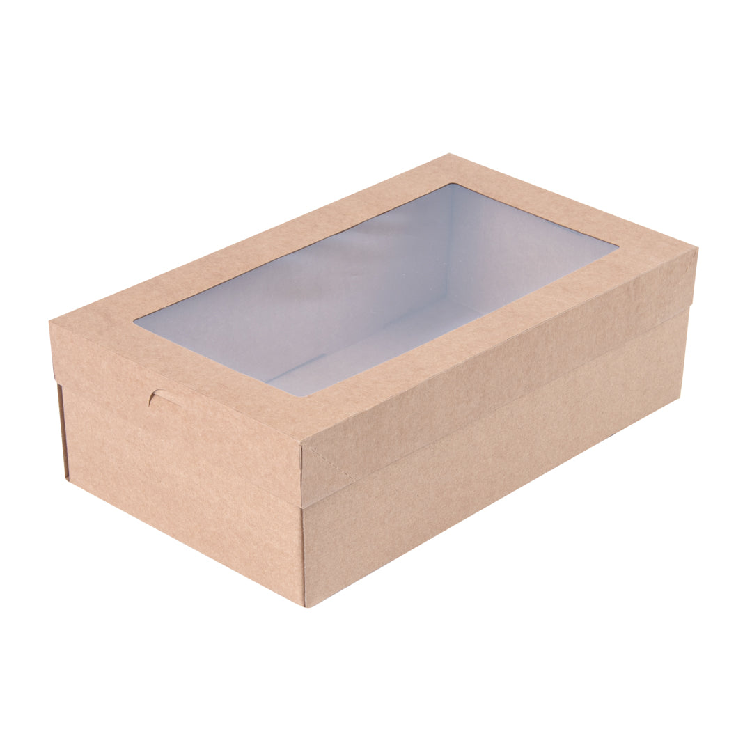 Cater Tek Rectangle Kraft Paper Catering Box - with Window Lid - 10 1/4" x 6" x 3 1/4" - 100 count box