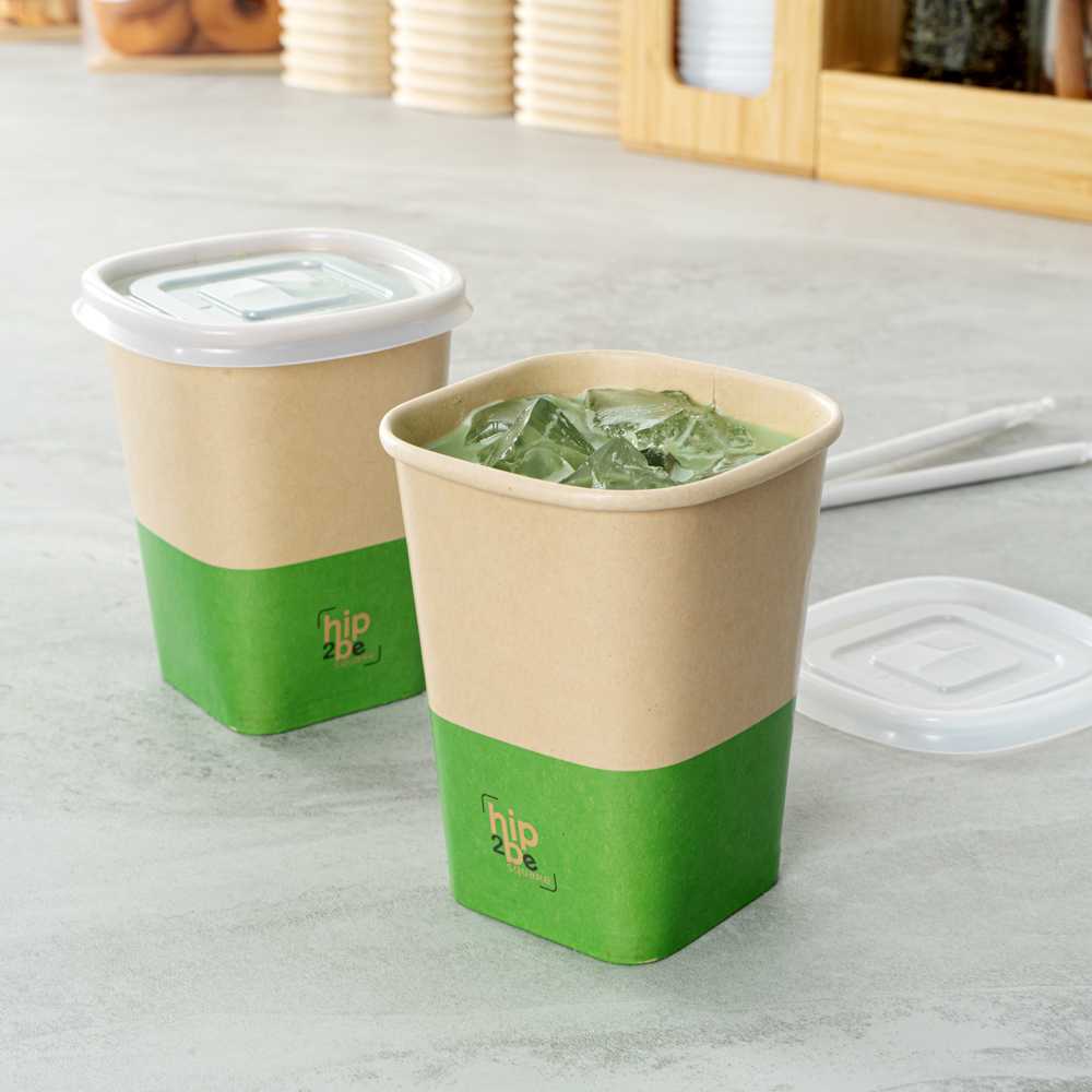 Hip 2 Be Square 12 oz Kraft and Green Paper Hot / Cold Drinking Cup - Single Wall - 3 1/4" x 3 1/4" x 4 1/4" - 500 count box