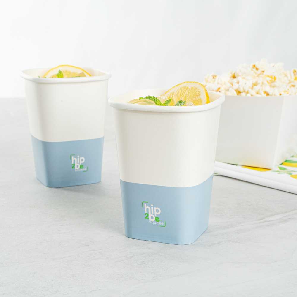 Hip 2 Be Square 12 oz White and Blue Paper Hot / Cold Drinking Cup - Single Wall - 3 1/4" x 3 1/4" x 4 1/4" - 500 count box