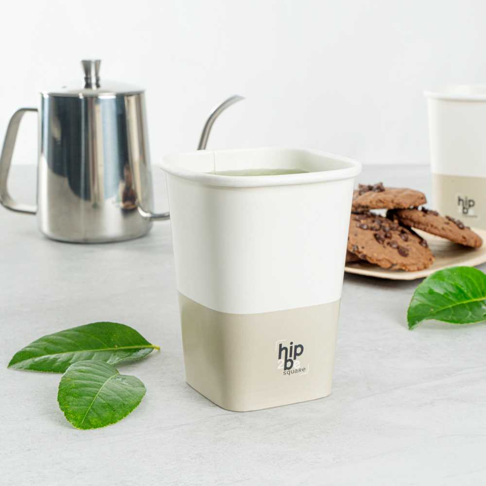 Hip 2 Be Square 12 oz White and Taupe Paper Hot / Cold Drinking Cup - Single Wall - 3 1/4" x 3 1/4" x 4 1/4" - 500 count box