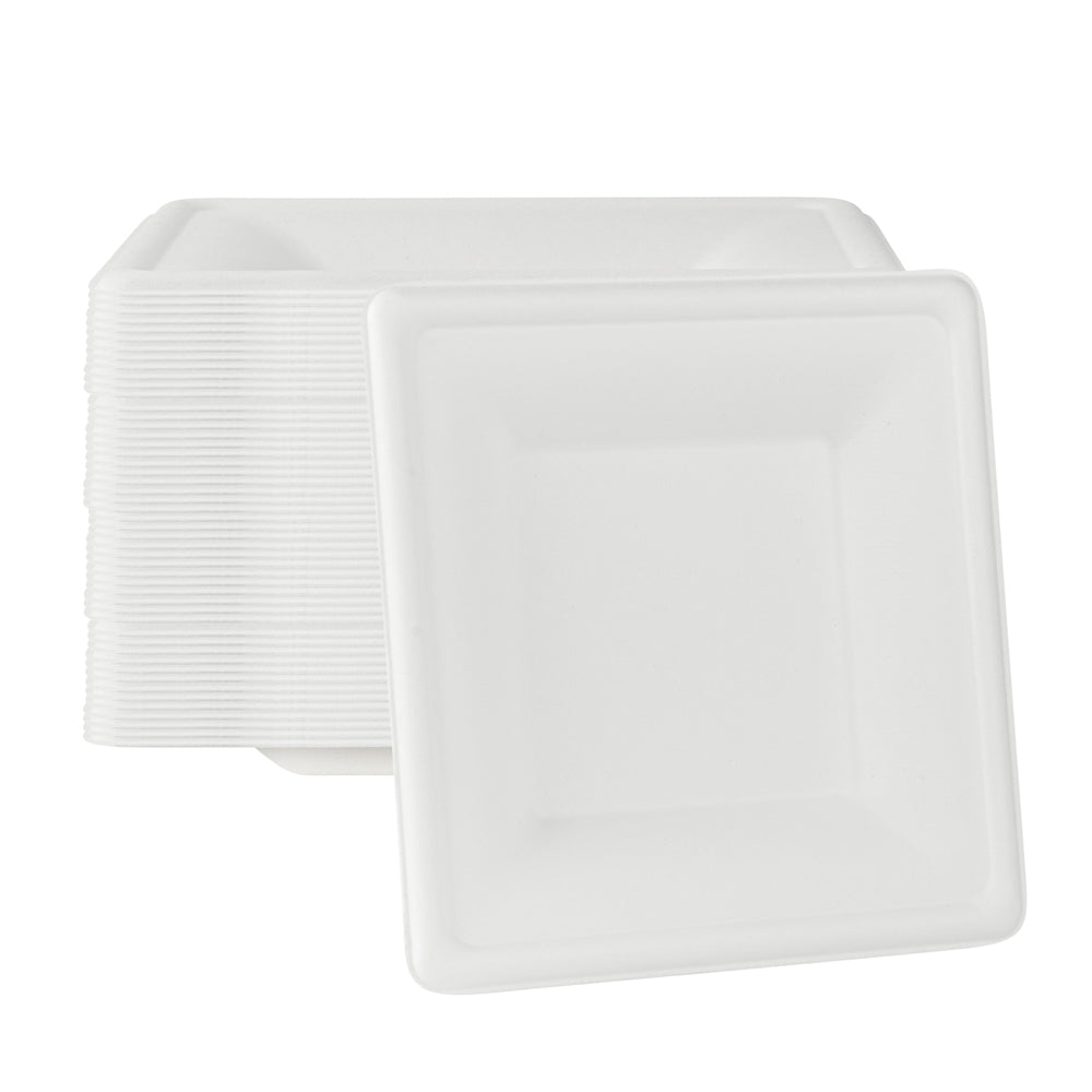 Pulp Safe No PFAS Added Square White Sugarcane / Bagasse Medium Plate - Home Compostable - 8" x 8" x 1/2" - 100 count box
