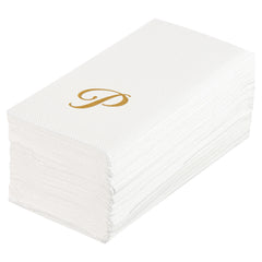 Luxenap Rectangle Gold Letter P White Paper Linen-Feel Guest Towel / Napkin - Air Laid, Cursive Font - 15 3/4