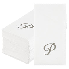 Luxenap Rectangle Silver Letter P White Paper Linen-Feel Guest Towel / Napkin - Air Laid, Cursive Font - 15 3/4