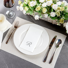 Luxenap Rectangle Silver Letter R White Paper Linen-Feel Guest Towel / Napkin - Air Laid, Cursive Font - 15 3/4