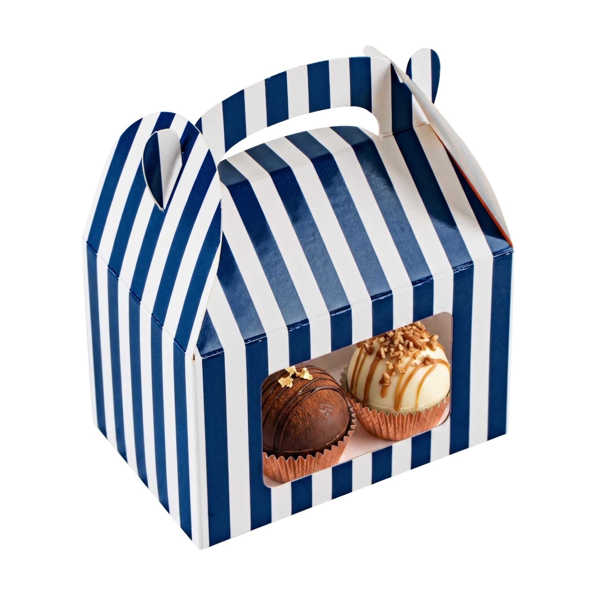 Bio Tek Blue & White Stripe Paper Gable Box / Take Out Container - with Window - 4" x 2 1/2" x 2 1/2" - 100 count box