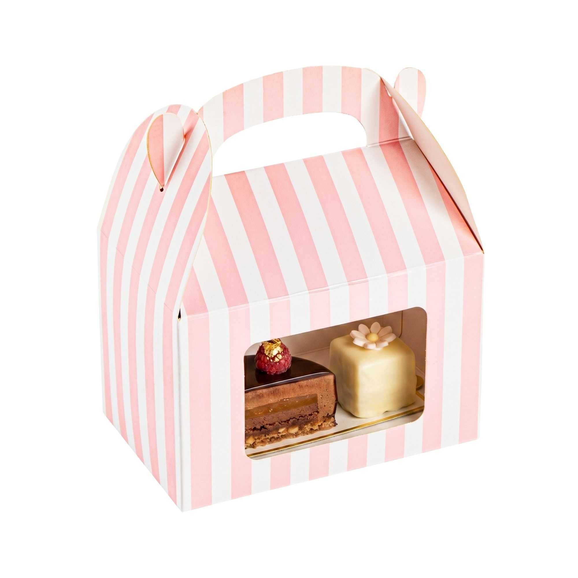 Bio Tek Pink & White Stripe Paper Gable Box / Take Out Container - with Window - 4" x 2 1/2" x 2 1/2" - 100 count box