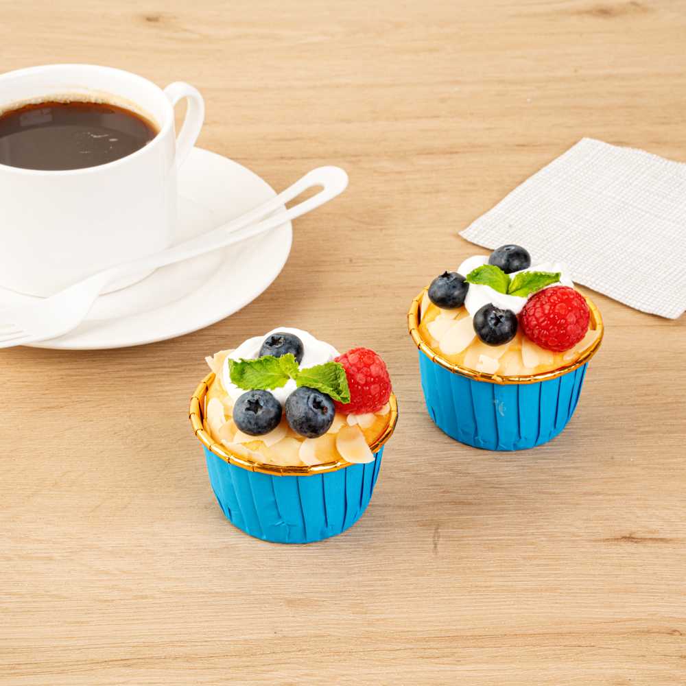 Panificio 3.5 oz Round Blue Foil Paper Baking Cup - Lids Available - 2 3/4" x 2 3/4" x 1 1/2" - 500 count box