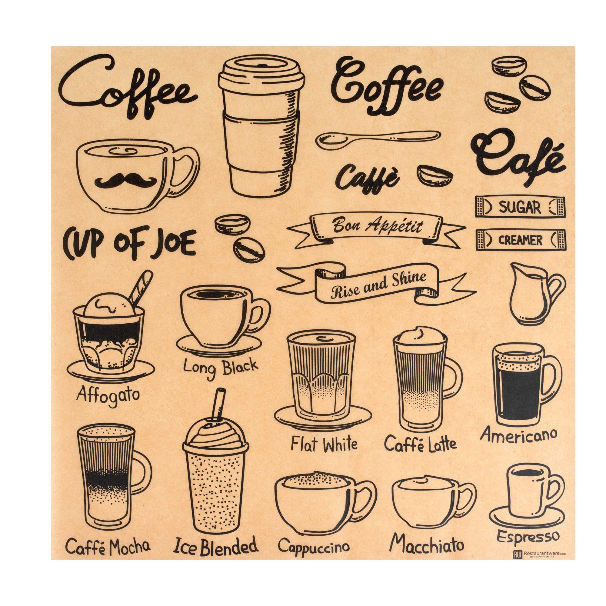 Chef 101 No PFAS Added Kraft Paper Coffee Shop Wrap and Pastry Liner - Cup of Joe, Greaseproof - 12" x 12" - 2000 count box