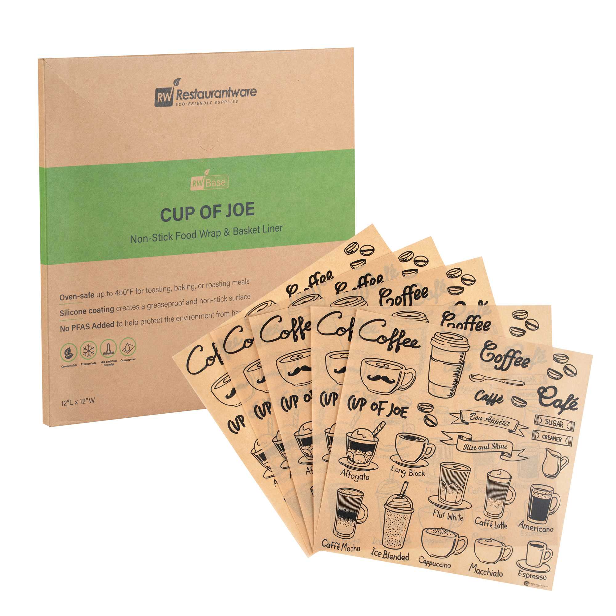 Chef 101 No PFAS Added Kraft Paper Coffee Shop Wrap and Pastry Liner - Cup of Joe, Greaseproof - 12" x 12" - 2000 count box