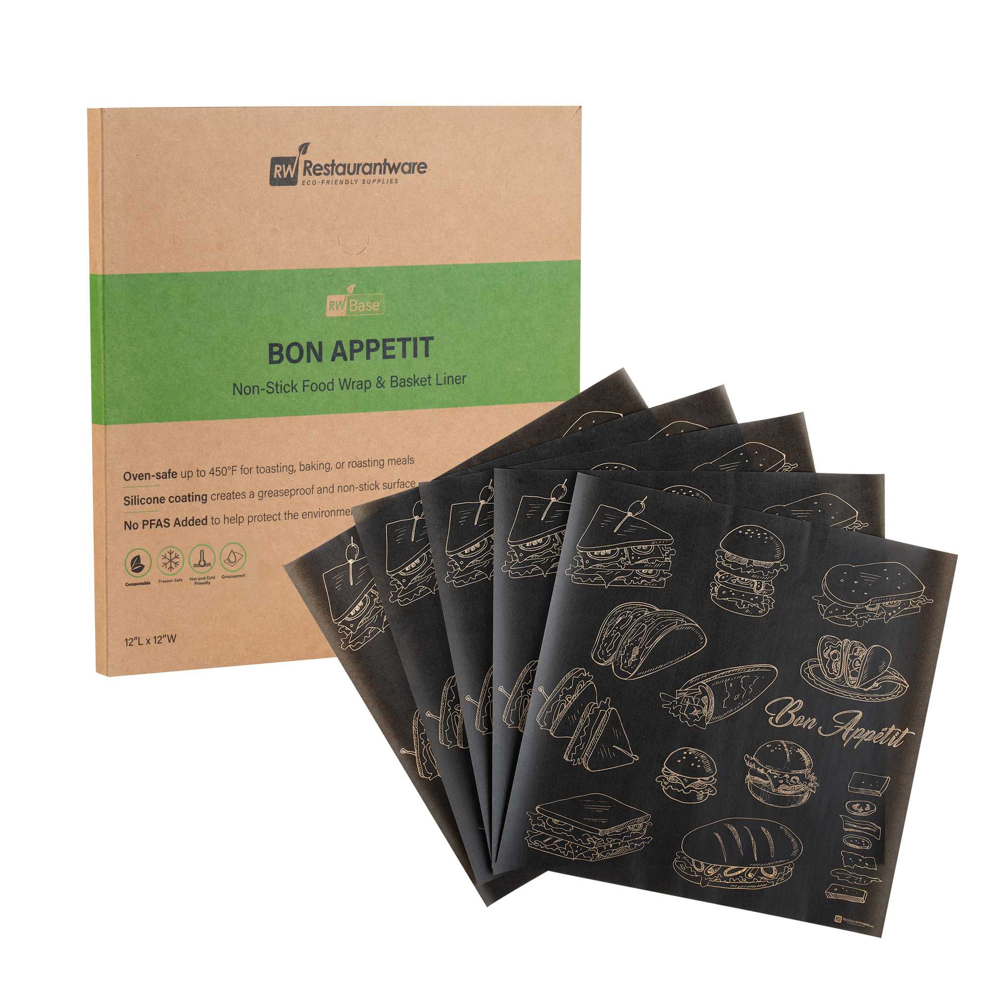 Chef 101 No PFAS Added Black Paper Bakery Wrap and Basket Liner - Bon Appetit, Greaseproof - 12" x 12" - 2000 count box