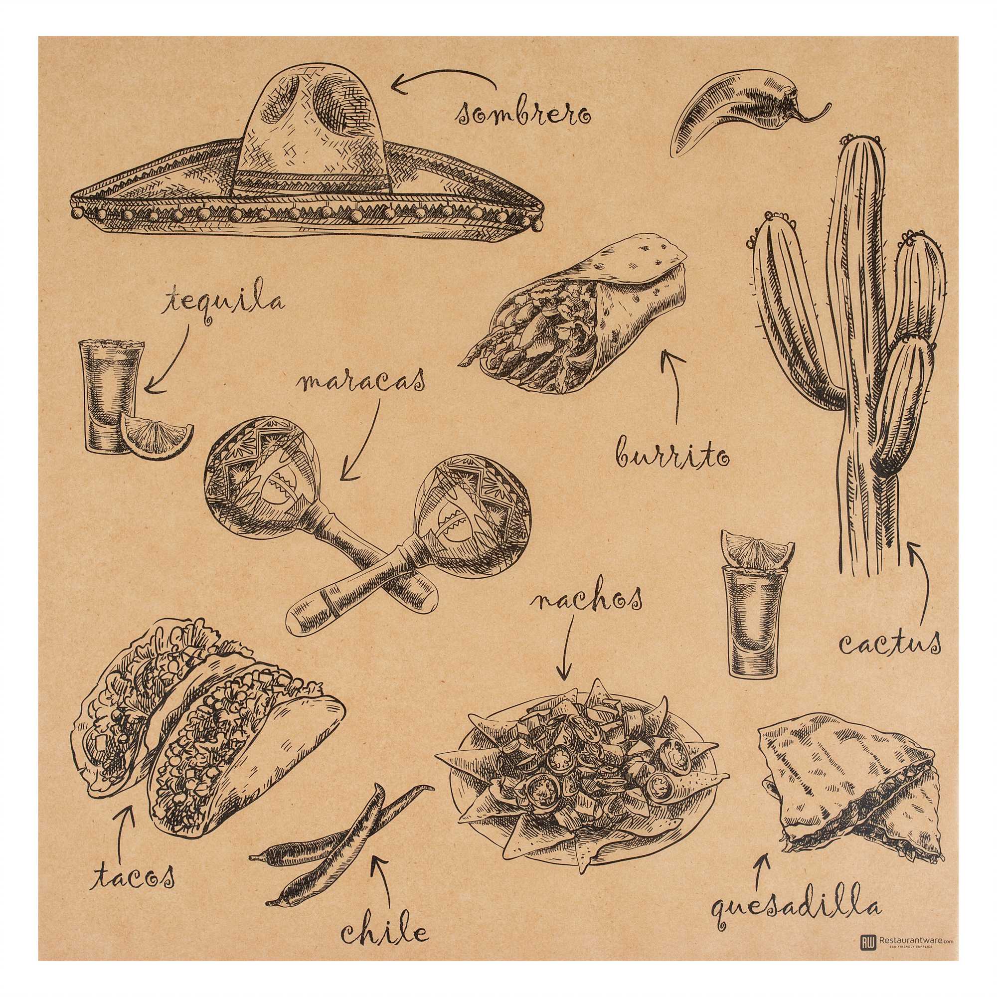 Chef 101 No PFAS Added Kraft Paper Taco Wrap and Chip Liner - Mexican Tradition, Greaseproof - 12" x 12" - 2000 count box