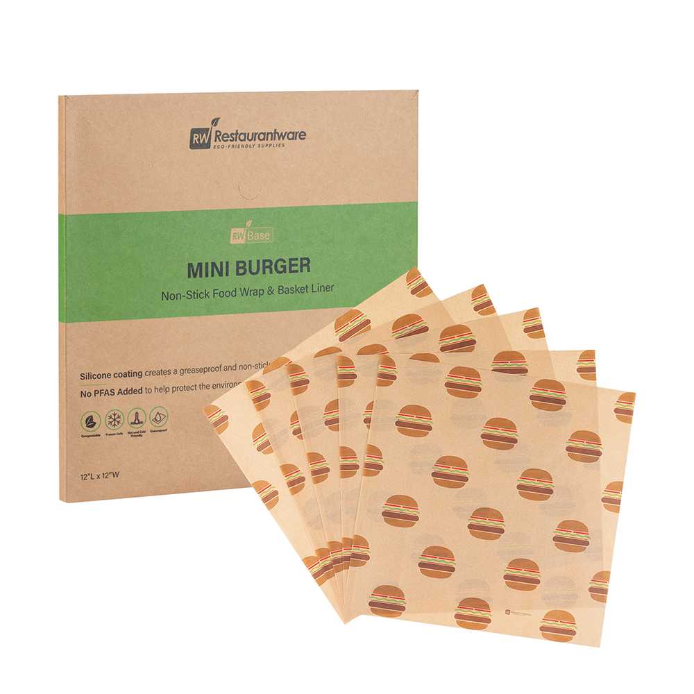 Chef 101 No PFAS Added Kraft Paper Food Wrap and Fry Basket Liner - Mini Burger, Greaseproof - 12" x 12" - 2000 count box