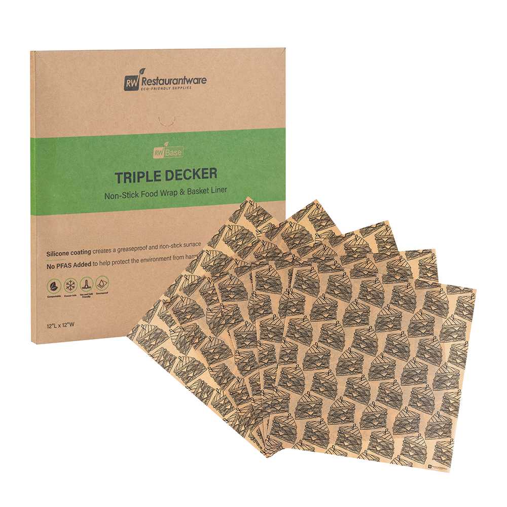 Chef 101 No PFAS Added Kraft Paper Sandwich Wrap and Fry Basket Liner - Triple Decker, Greaseproof - 12" x 12" - 2000 count box
