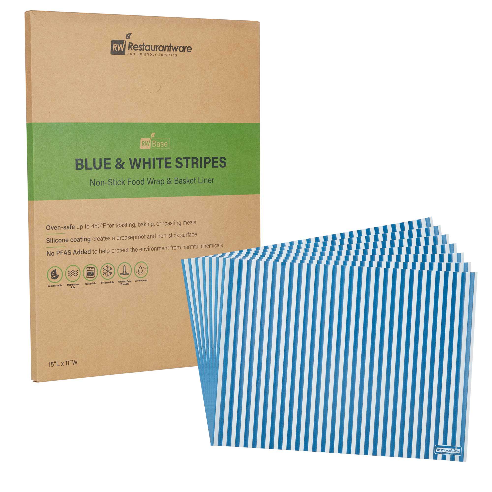 Chef 101 No PFAS Added Blue and White Stripe Paper Food Wrap and Basket Liner - Greaseproof - 15" x 11" - 2000 count box